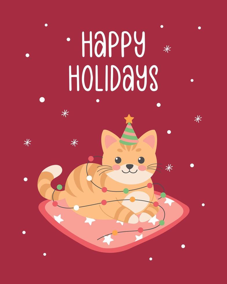Cute cat with party hat and lights garland. Christmas card design template. Flat illustration vector