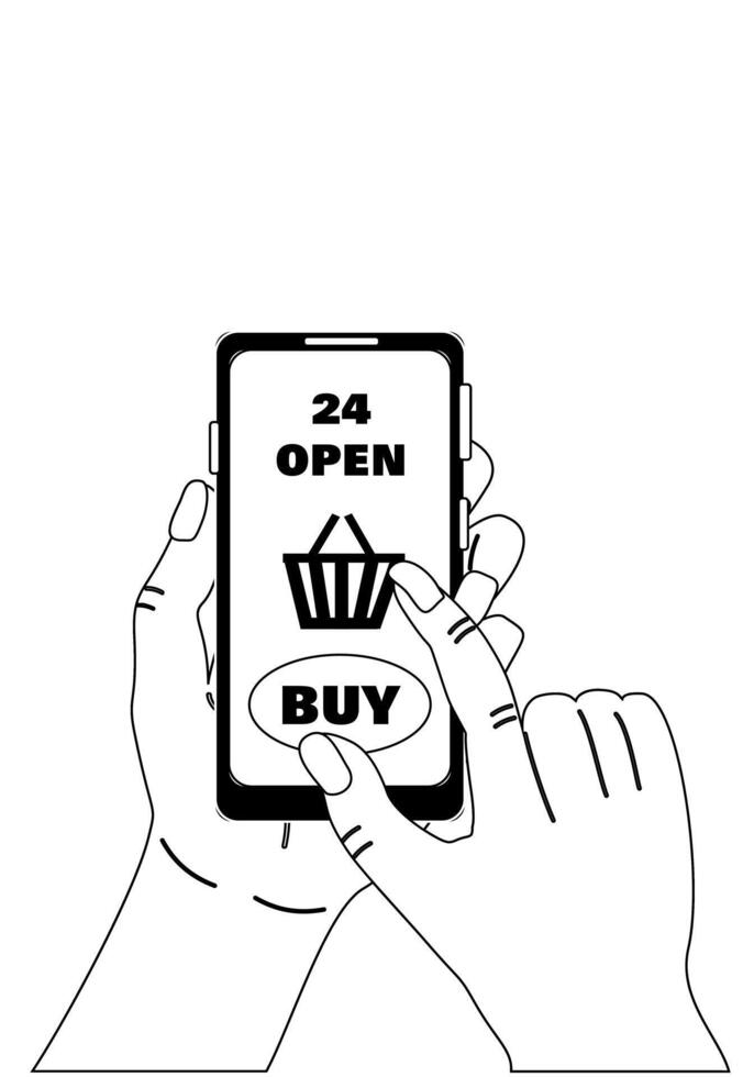 A woman presses the buy button on the smartphone screen vector