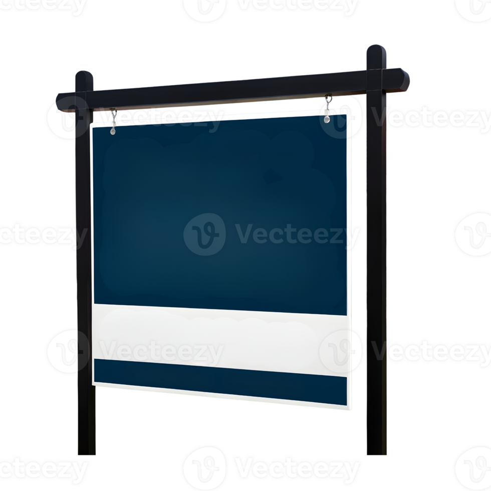 A blue and white sign on a black post png