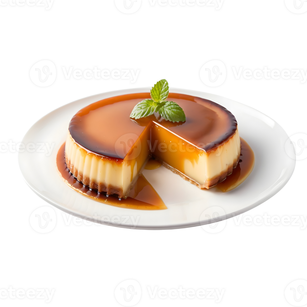 A piece of caramel flan on a plate png