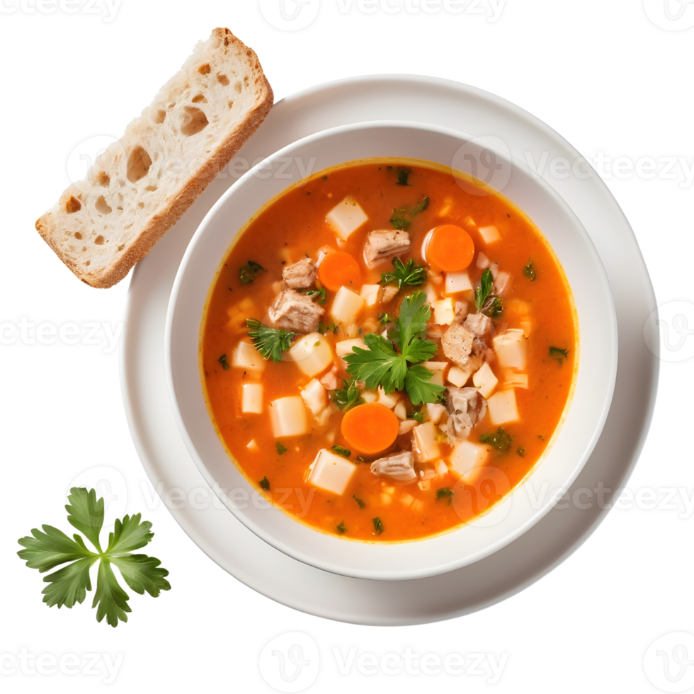 A bowl of soup with bread and parsley png