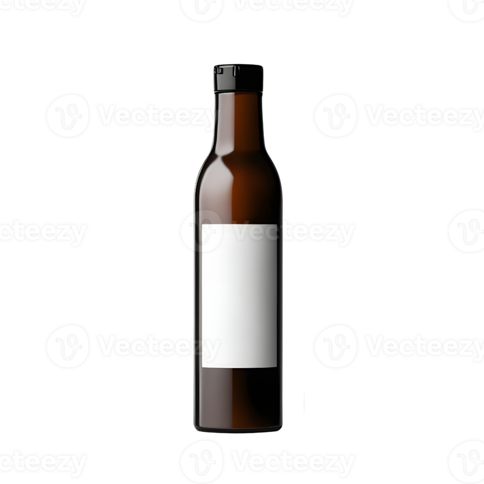 A brown bottle with a white label on it png