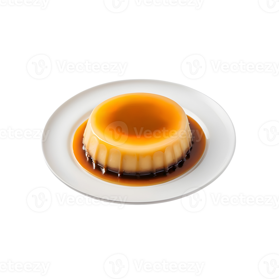 A flan on a plate with caramel sauce png