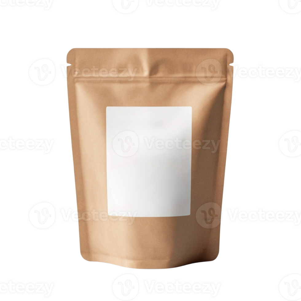 A brown paper bag with a white label png