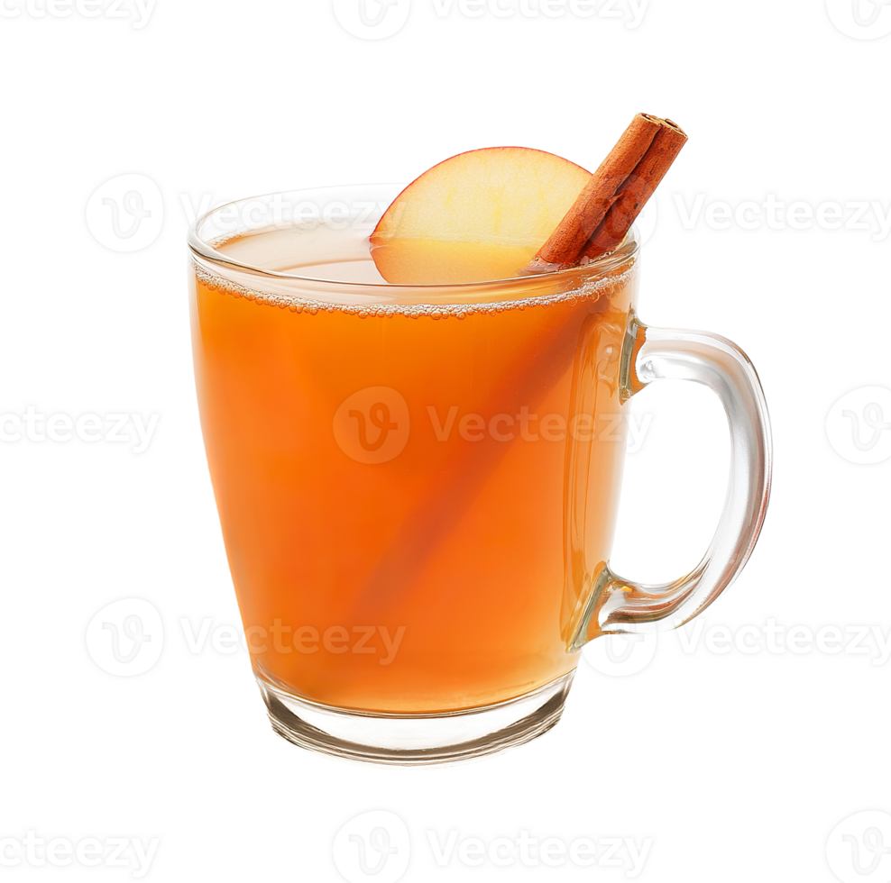 Christmas apple cider with cinnamon stick in a cup , cutout isolated on transparent background. Festive hot winter holiday season drink png