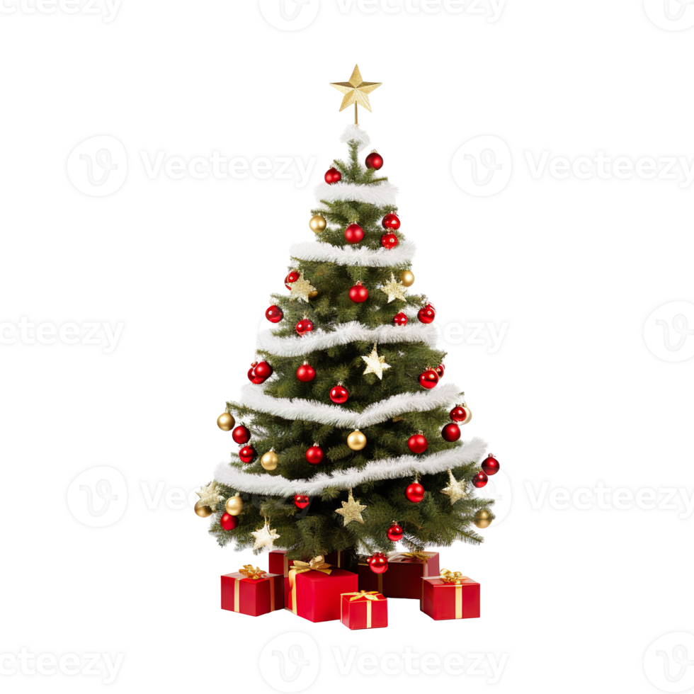 Decorated fir Christmas tree with gold baubles and a star , cutout isolated on transparent background. Winter holiday season graphic resource png
