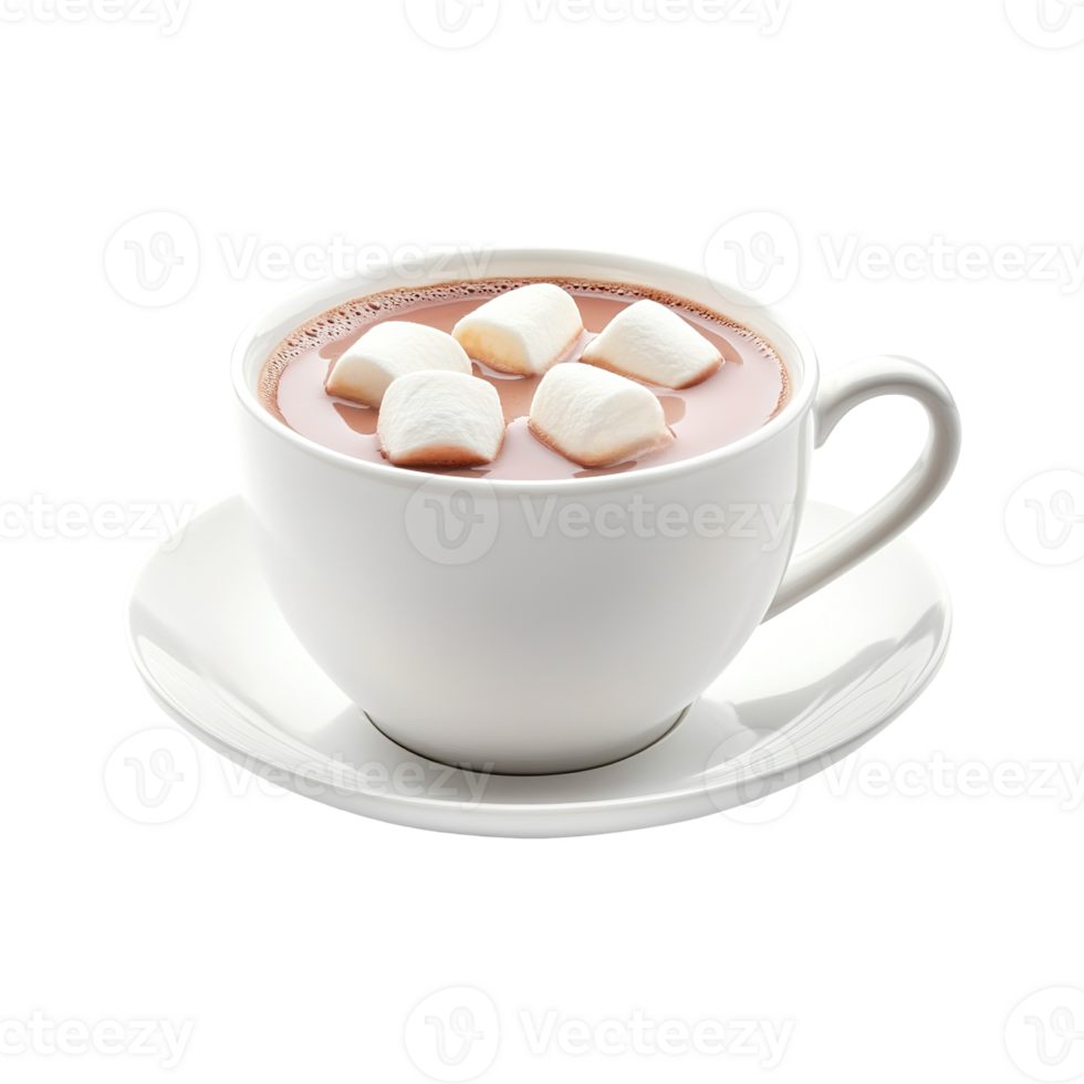 Christmas hot chocolate cocoa with marshmallows in white cup , cutout isolated on transparent background. Festive warm winter holiday season drink png