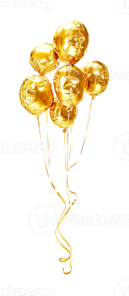 Gold happy birthday party greeting balloon bundle , cutout isolated on transparent background. yellow color png