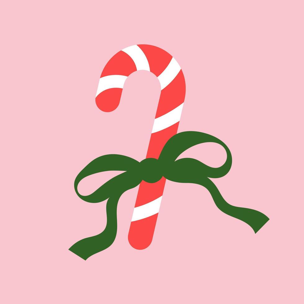 Candy cane tied with a green bow. Christmas flirty illustration on a pink background. Coquette core print vector