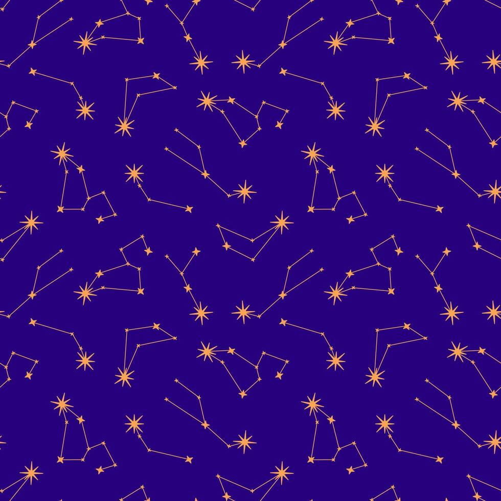 Space sky celestial seamless pattern with map of star constellations, sparks. Dark night sky background with silhouettes of taurus, leo, cancer, aries, capricorn constellations vector