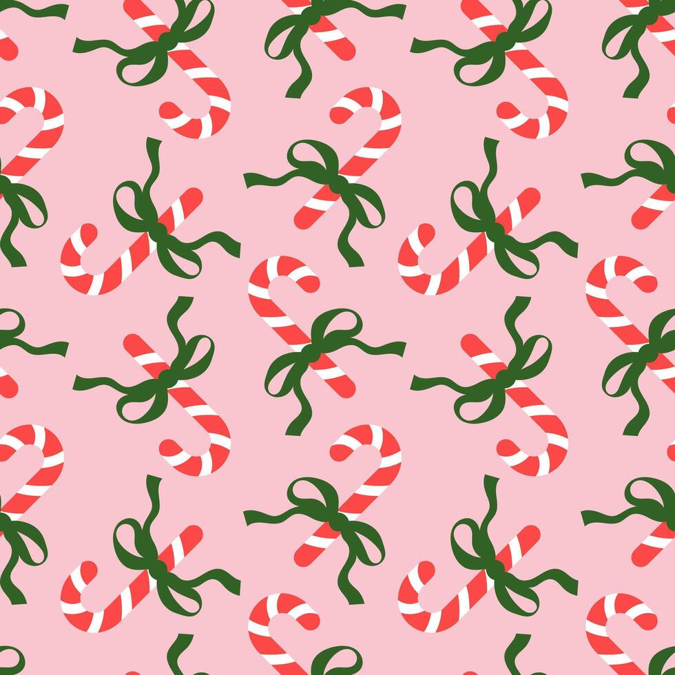 candSeamless pattern with Christmas candy canes and bows on pink background. Cute background design for fabric, wrapping paper, textile, wallpaper vector