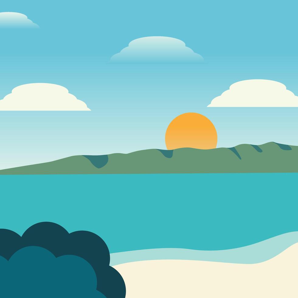 Summertime on the beach. cartoon Palms and plants around. Summer vacation on sea coast. Tropical paradise island sandy beach, palm trees and sea. illustration in flat style vector