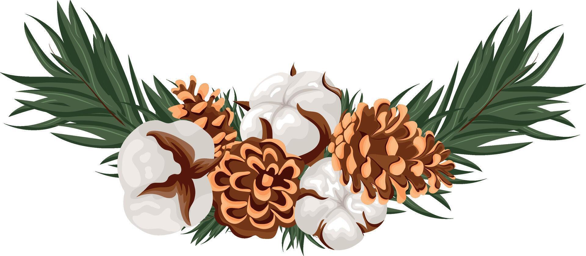 Christmas semi-circular frame with various forest cones and cotton flowers placed on coniferous twigs, for various designs or posters vector