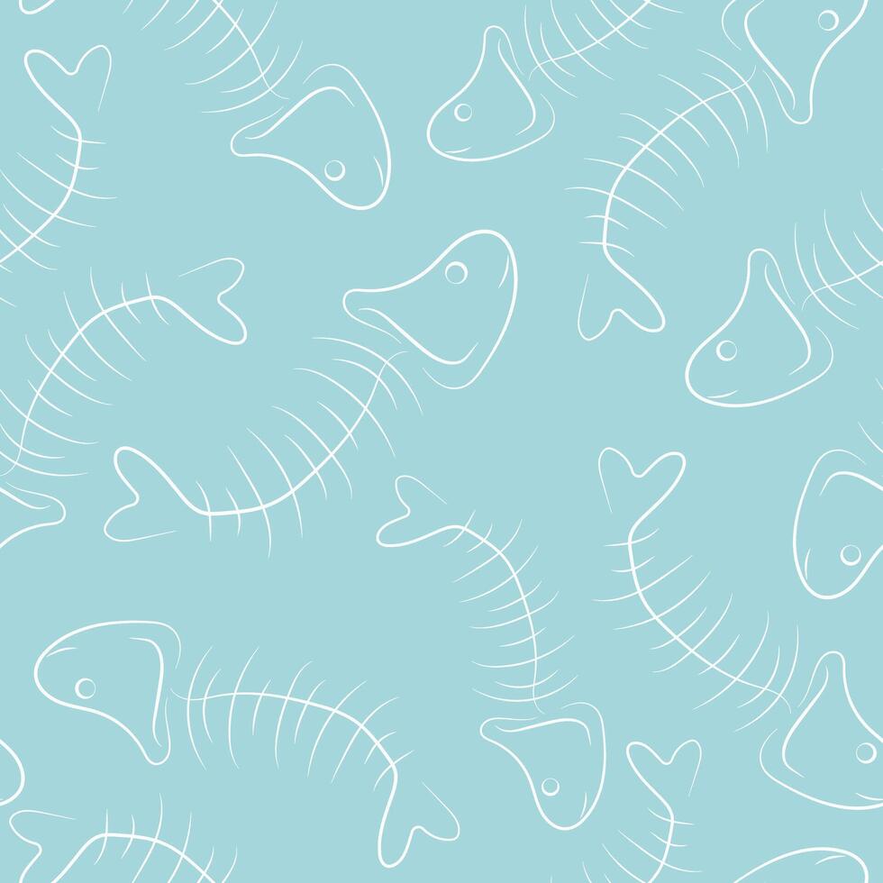 organic garbage seamless pattern, namely the spine of eaten fish, drawn in outline, on a blue background, to fight against environmental pollution day vector