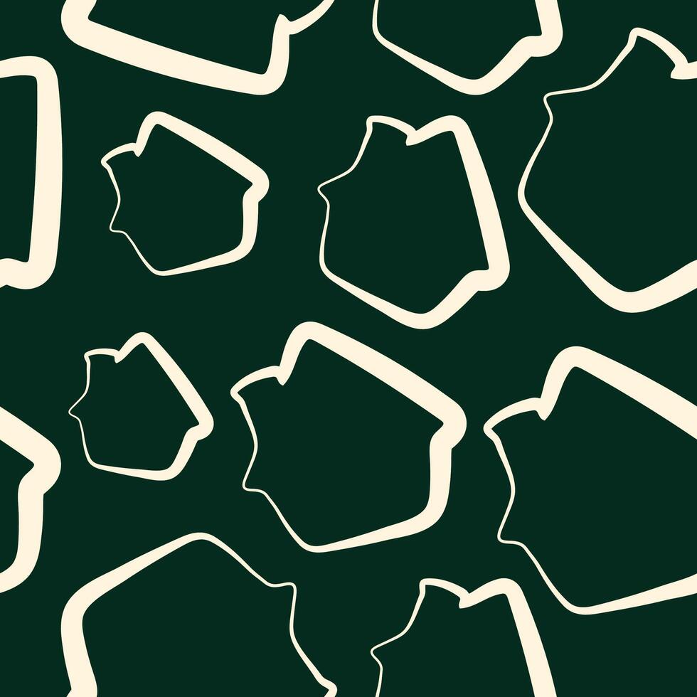 seamless pattern with New Year's gingerbread house icons drawn in outline in line art style on a dark green background vector