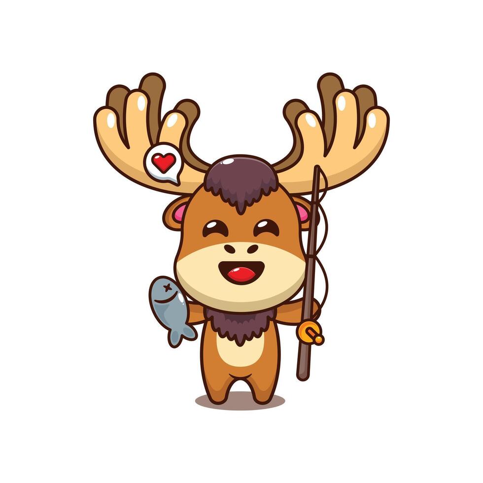 Moose catching fish with fishing rod. mascot cartoon character illustration. vector