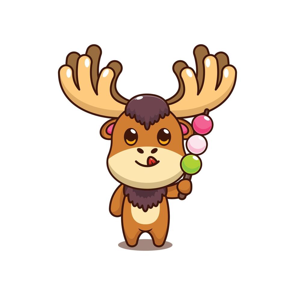 Moose eating dango. mascot cartoon character illustration. vector