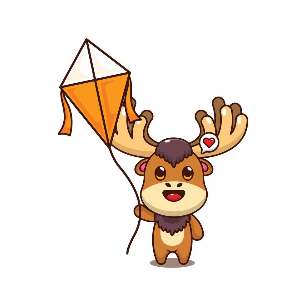 Moose playing kite. mascot cartoon character illustration. vector
