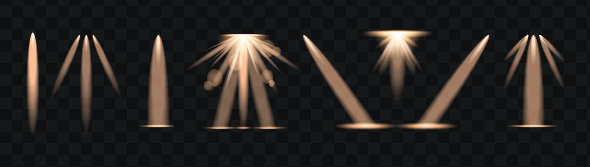 Gold light rays and beams effect set. Glow isolated transparent lights, lens flare, explosion, glitter and spotlights. Abstract effect. vector