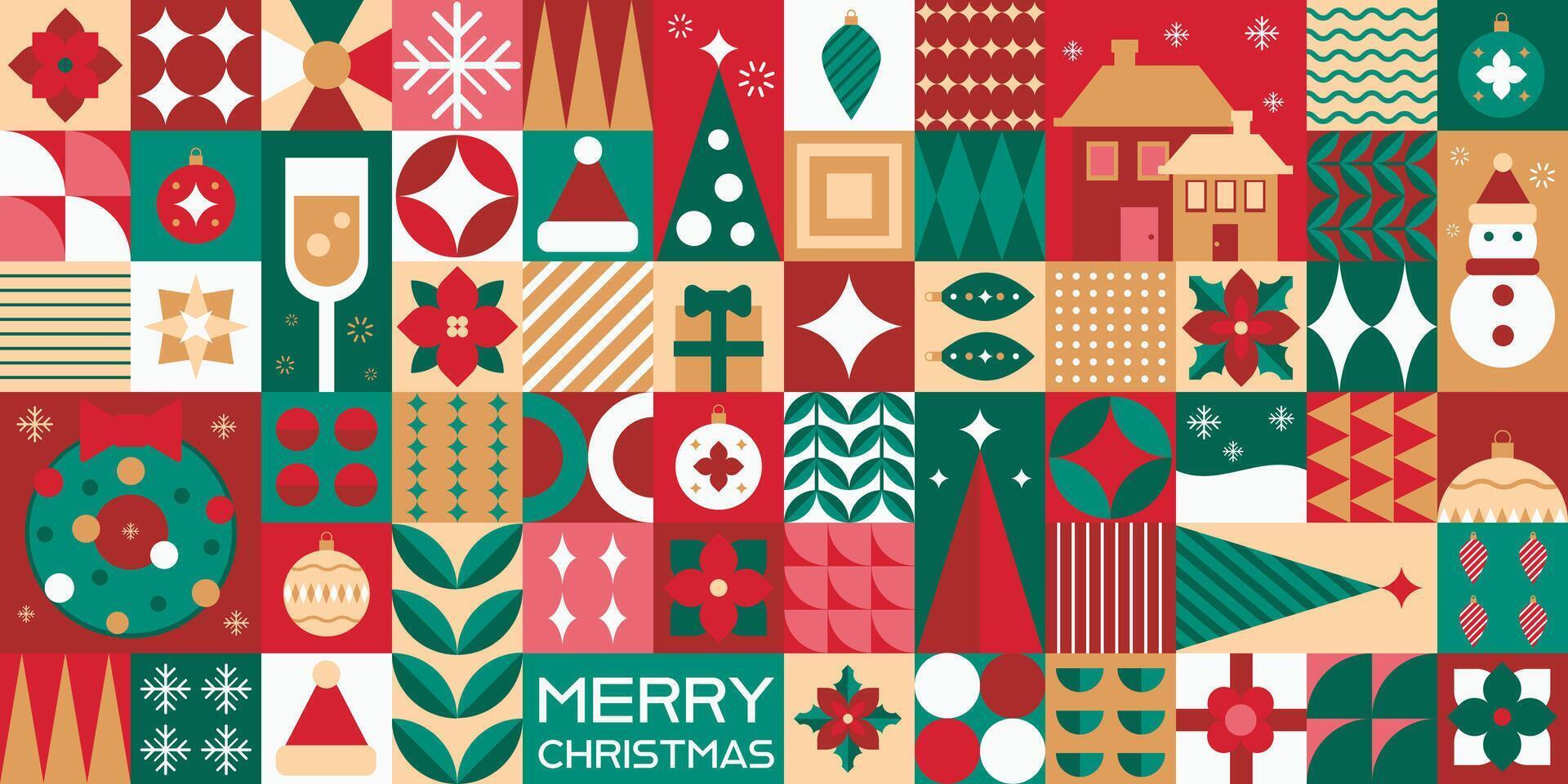 Christmas and New Year geometric composition with holiday symbols, fir trees, gifts, toys and abstract forms. Celebration greeting, banner and background. illustration. vector