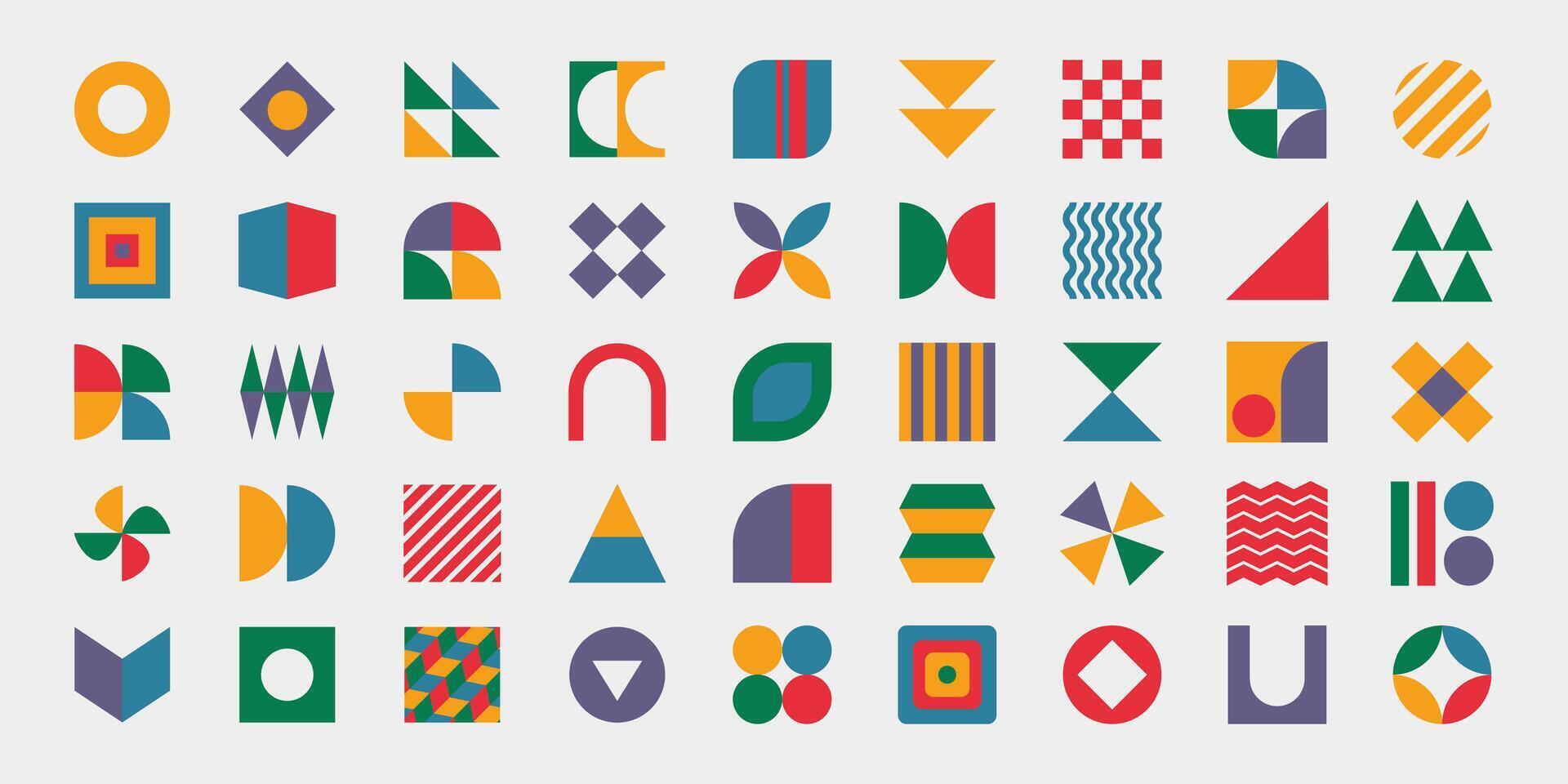 Abstract colorful shapes, retro decorative sticker set and banner, different decorative geometric forms, patterns and symbols. illustration. vector