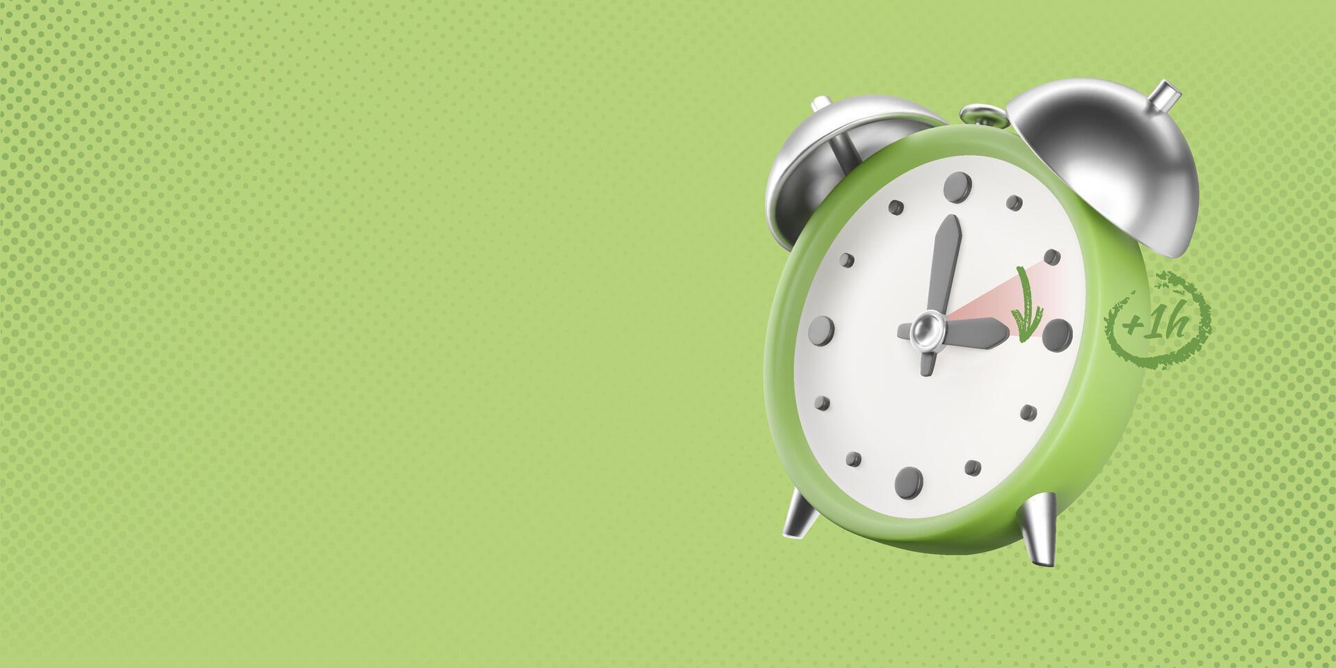 Spring Forward background. Daylight saving time copy space banner. Isolated 3D realistic alarm clock on green halftone textured background, charcoal arrow vector