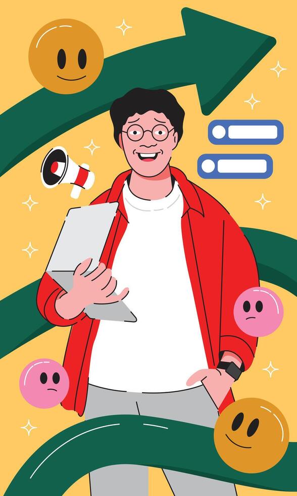 A Smiling Man Holding a Laptop Surrounded by Bright, Cheerful Smiley Face Icons, Symbolizing Happiness, Positivity, Digital Connectivity, and Friendly Interaction in a Tech Driven Environment vector