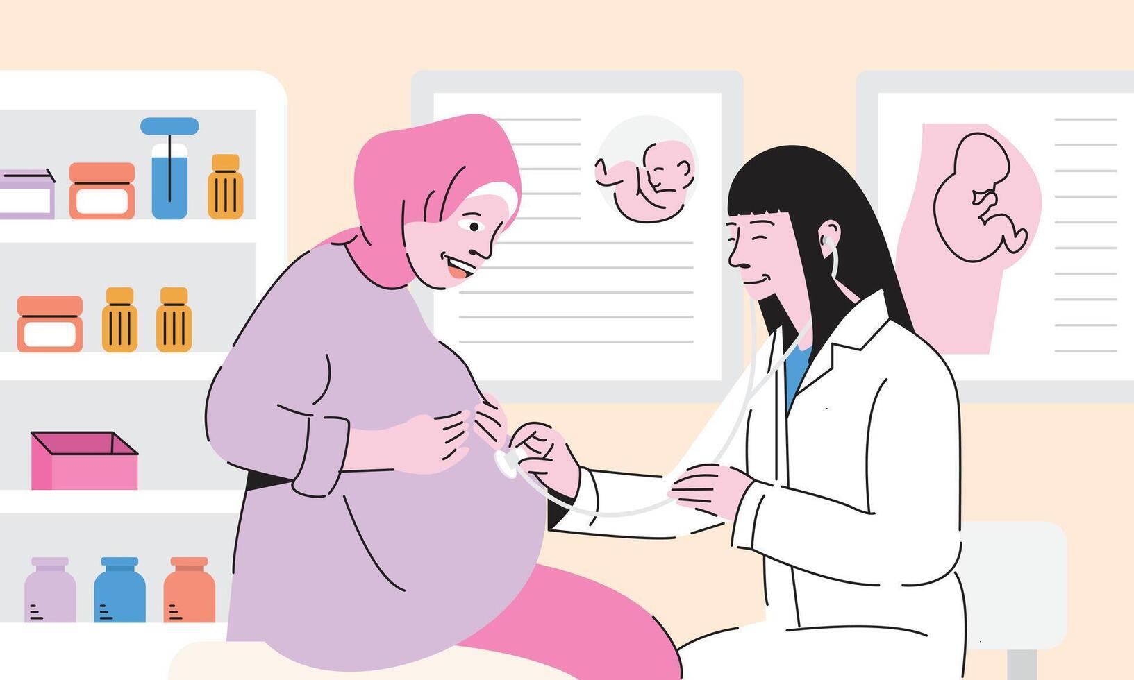 Doctor Examining a Pregnant Woman in Hijab During Prenatal Checkup. Healthcare Representation for Maternity, Pregnancy Consultation, and Women Health Support vector