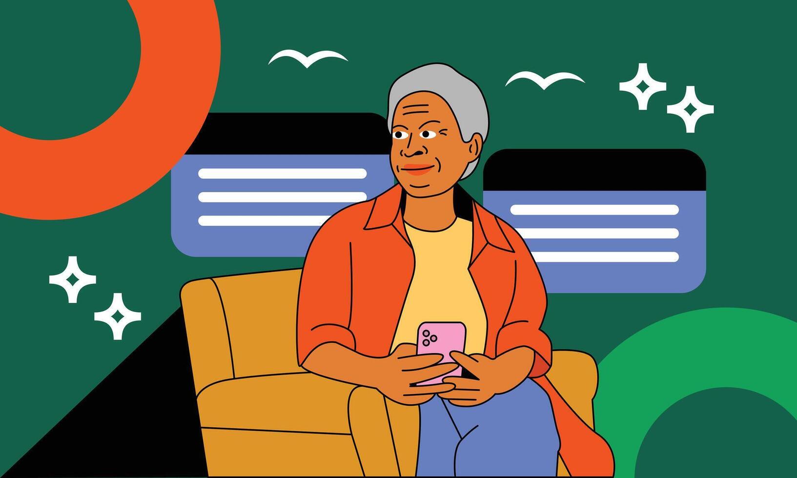 A Calm Mature Woman Sitting in a Chair, Engaging with Her Smartphone, Showing Relaxed Expression and Casual Home Setting vector