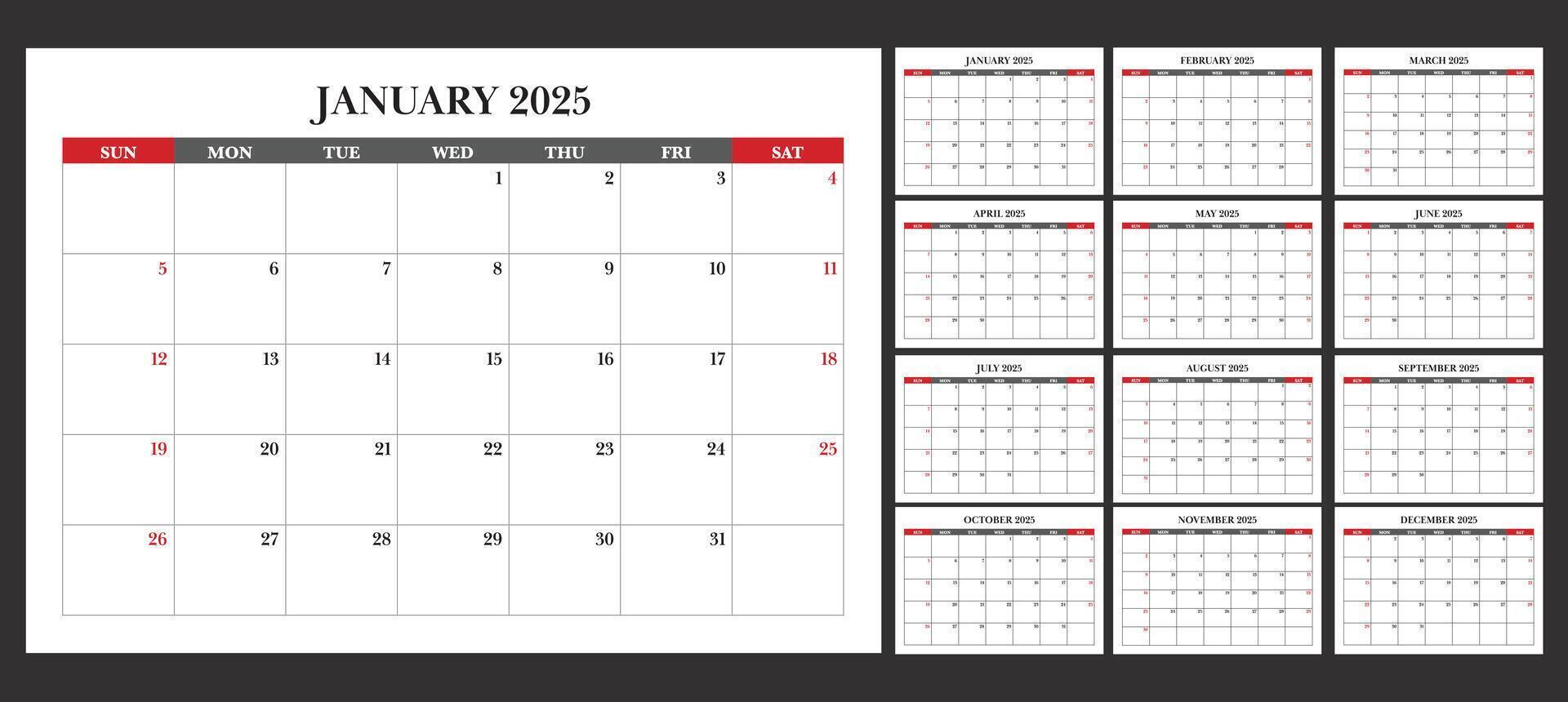 simple calendar 2025 - sunday start vector