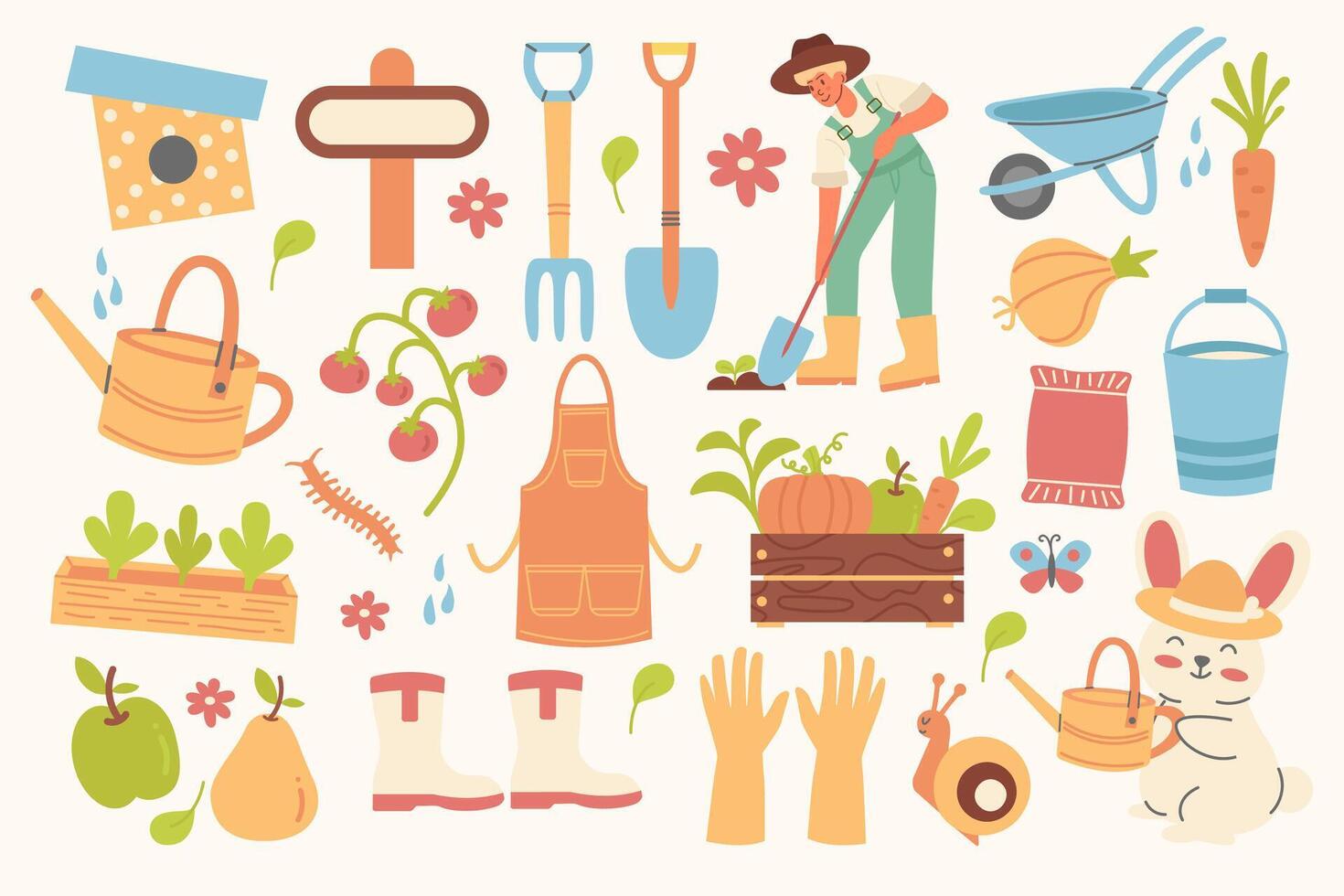 Collection gardening cute elements flat design vector