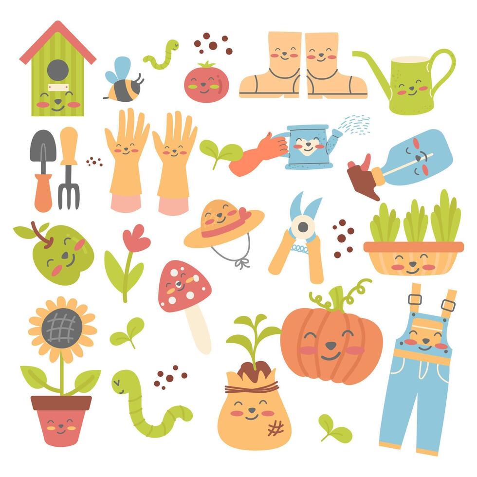 Collection garden kawaii cute elements flat design vector