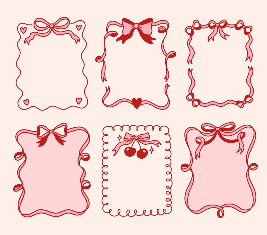 Set of frames with coquette pretty charming bows, hearts, cherry berry, stars. Hand drawn trendy ribbons border. Vintage elements for greeting cards, wedding, invitations, social media vector