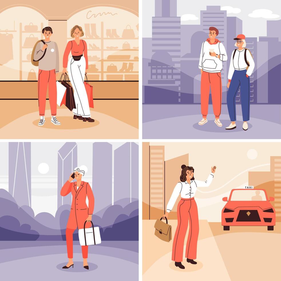 Collection of hand drawn scene illustrations of people at the street vector