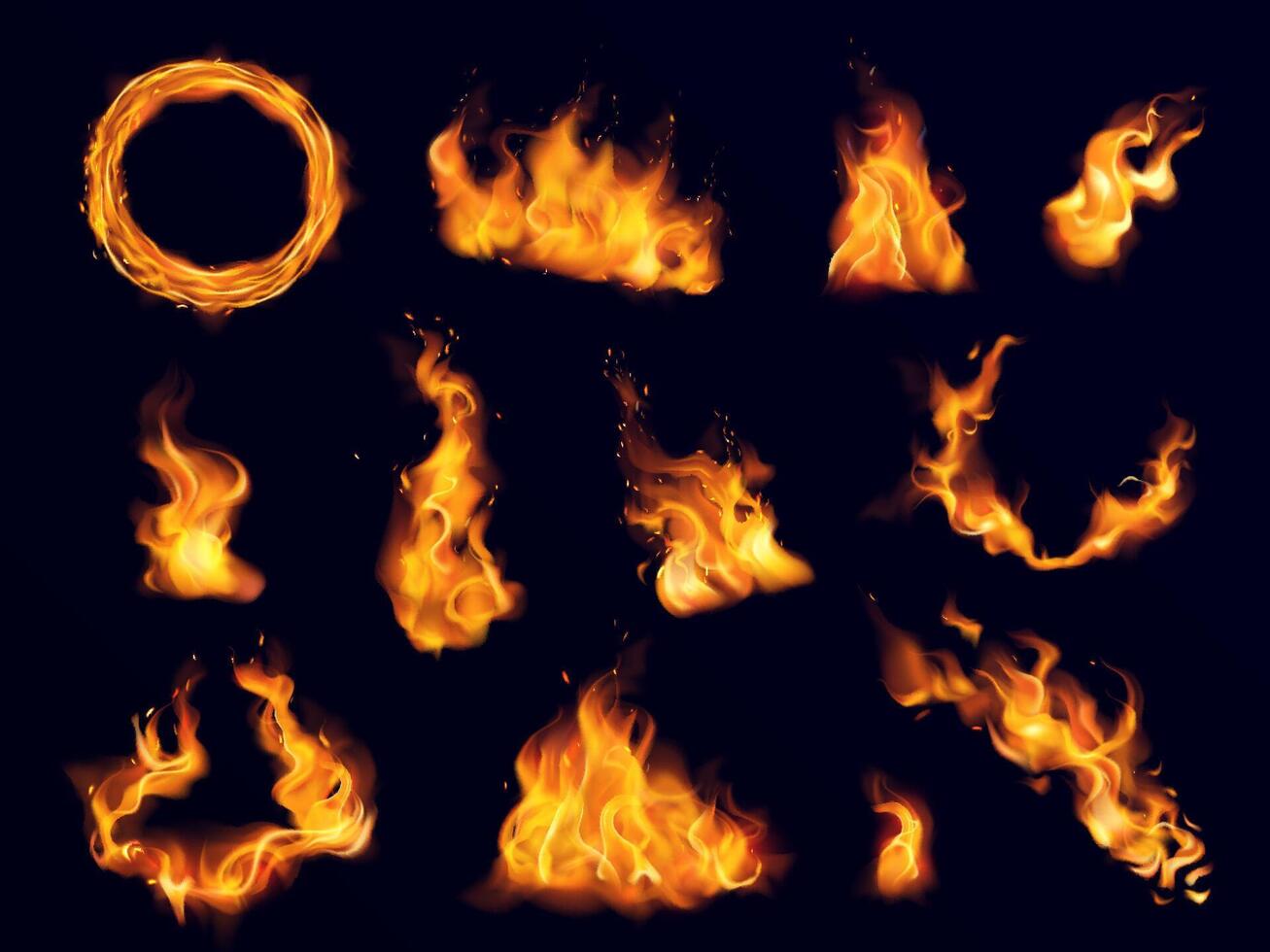 Fire flames and effects realistic set vector