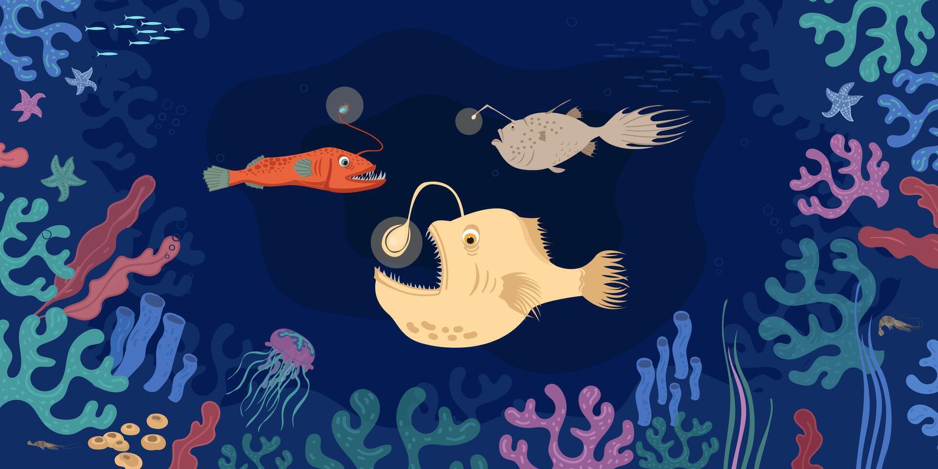 Cartoon sealife illustration of three fishes undersea vector