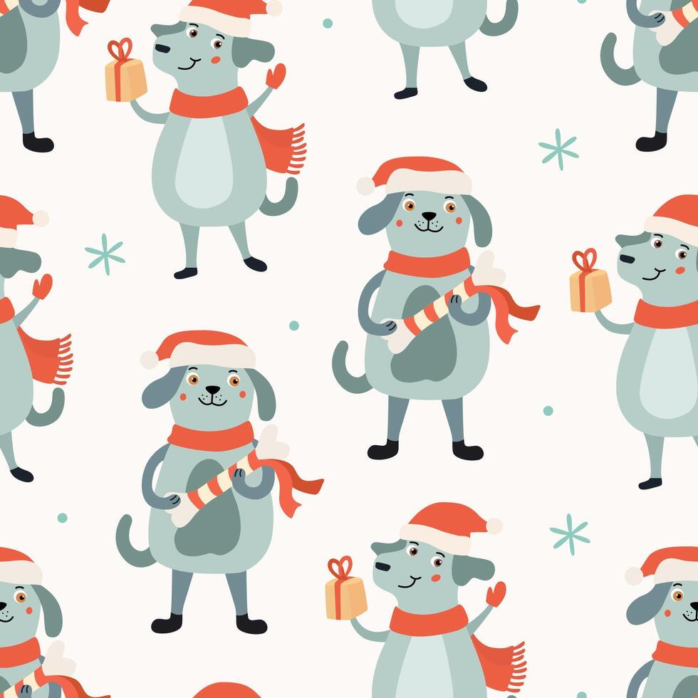 Seamless Christmas pattern with lovely dog wearing Santa hat with bone present. Perfect for holiday Xmas wrapping paper and textiles vector