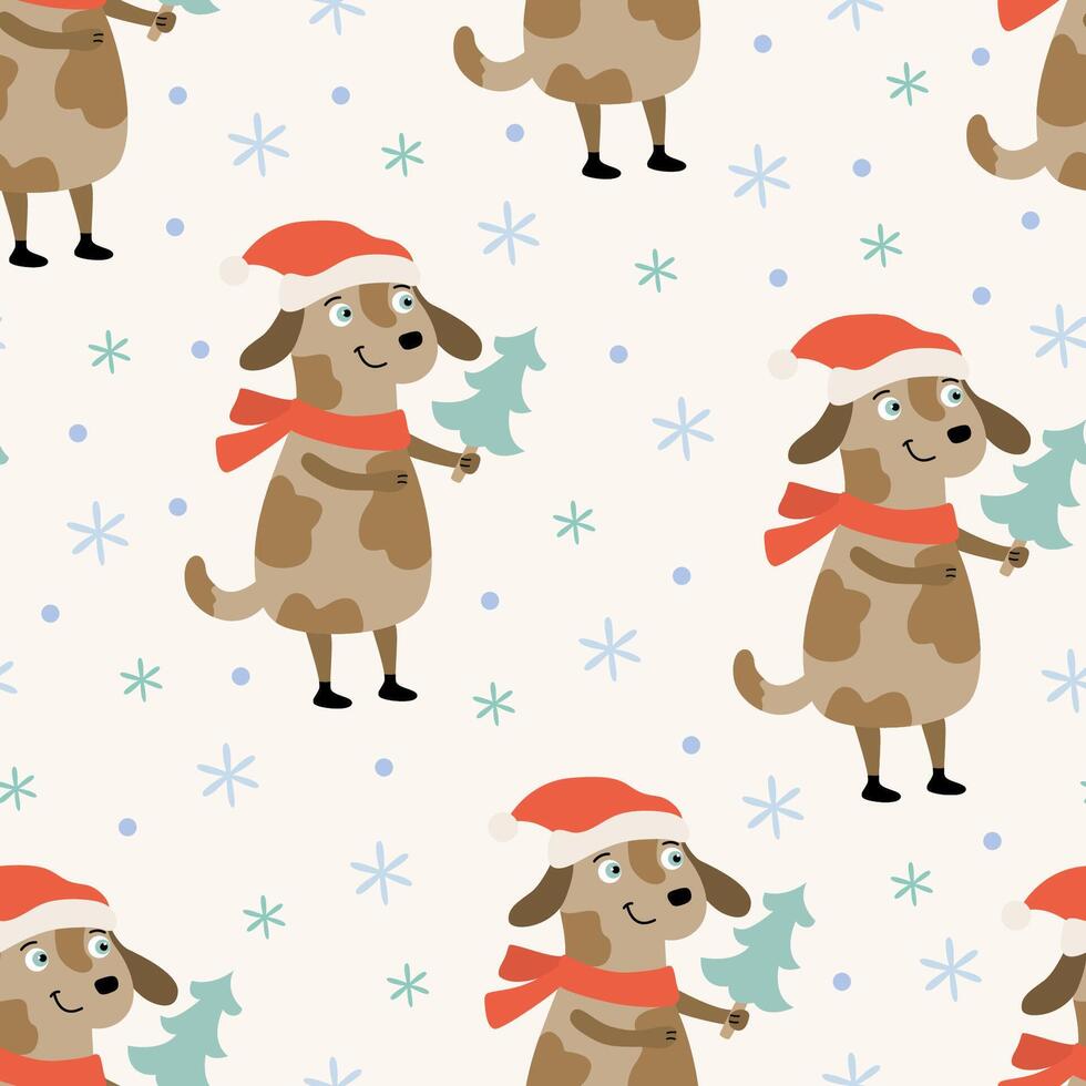 Festive seamless pattern with lovely dog wearing Santa hat and little Christmas tree. Perfect for holiday Xmas wrapping paper and textiles vector