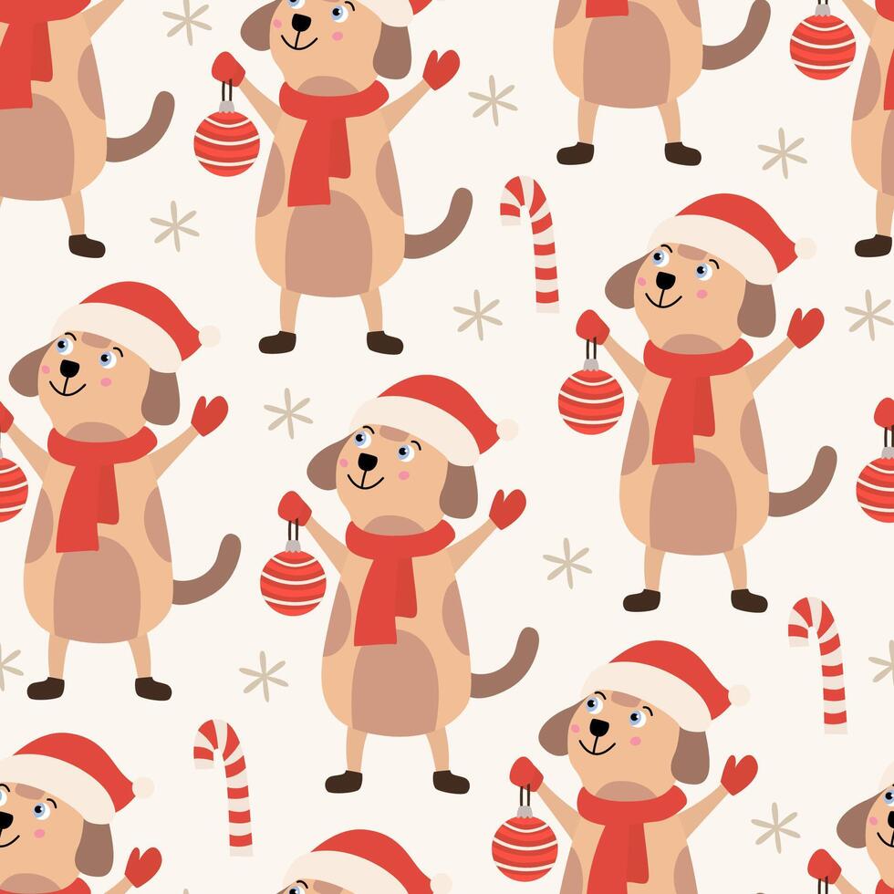 Seamless Christmas pattern with cute dog in Santa costume with ornament and candy cane. Perfect for holiday Xmas wrapping paper and textiles vector