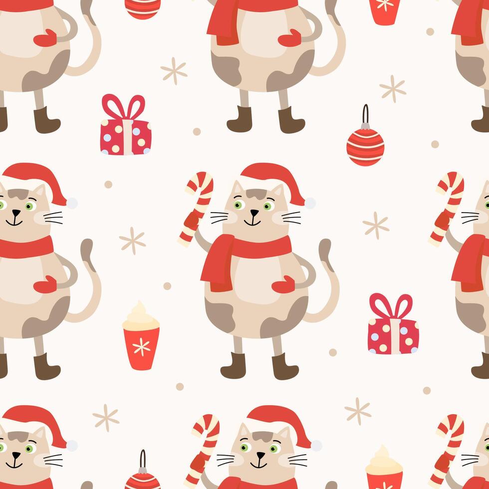 Seamless Christmas pattern with funny cats in Santa costumes, with candy canes and gifts. Perfect for holiday wrapping paper and textiles vector