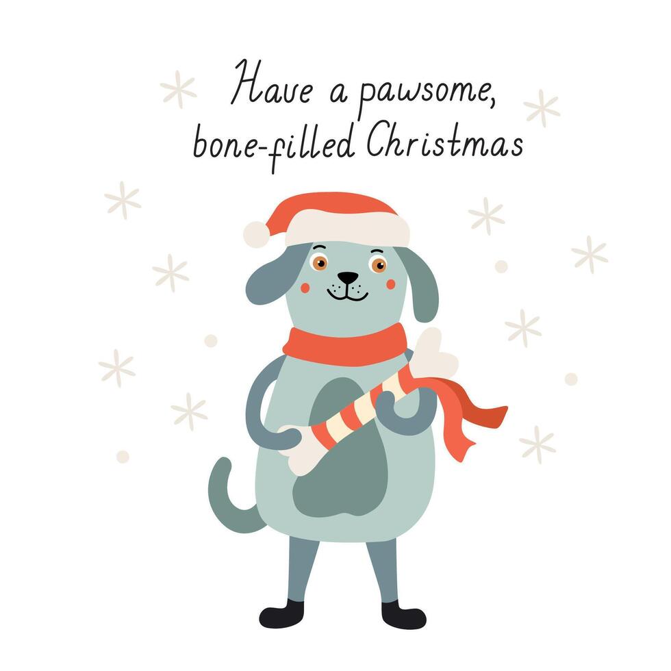 Cute happy dog with a Christmas bone present wearing santa costume. Flat style illustration. Xmas Card with greetings. Funny congratulations hand drawn lettering vector