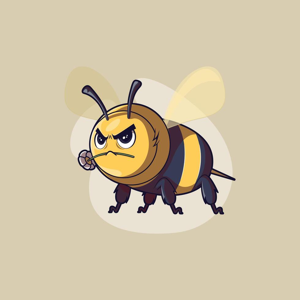 Angry Bee character with a flower. vector