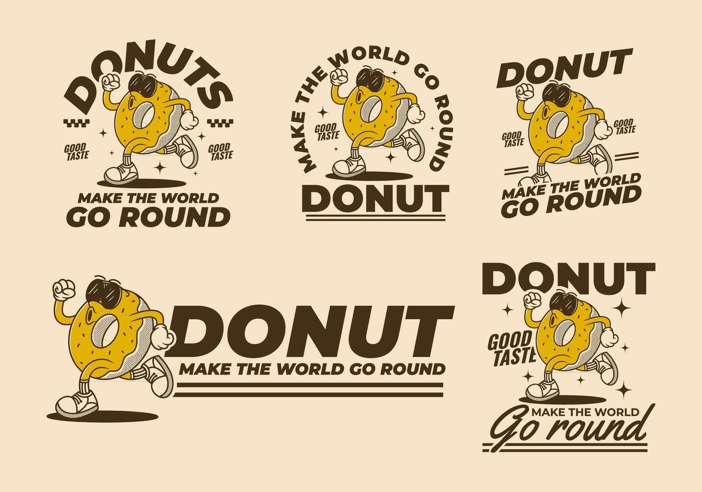 Donut, make the world go round. Retro mascot character of donut in running pose in 5 type vector