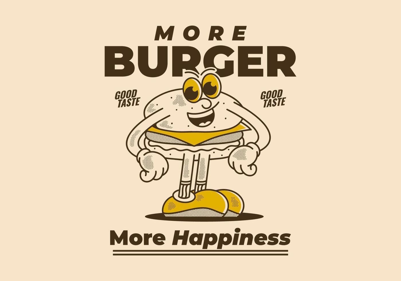 More burger more happiness. Happy Standing burger character in happy face vector