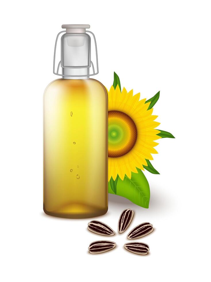 Realistic Sunflower Oil on White Background. Shiny Bottle of Pure Golden Cooking Oil Standing Next to Blooming Sunflowers. Natural Food for Advertising, Website, Banner, etc. vector