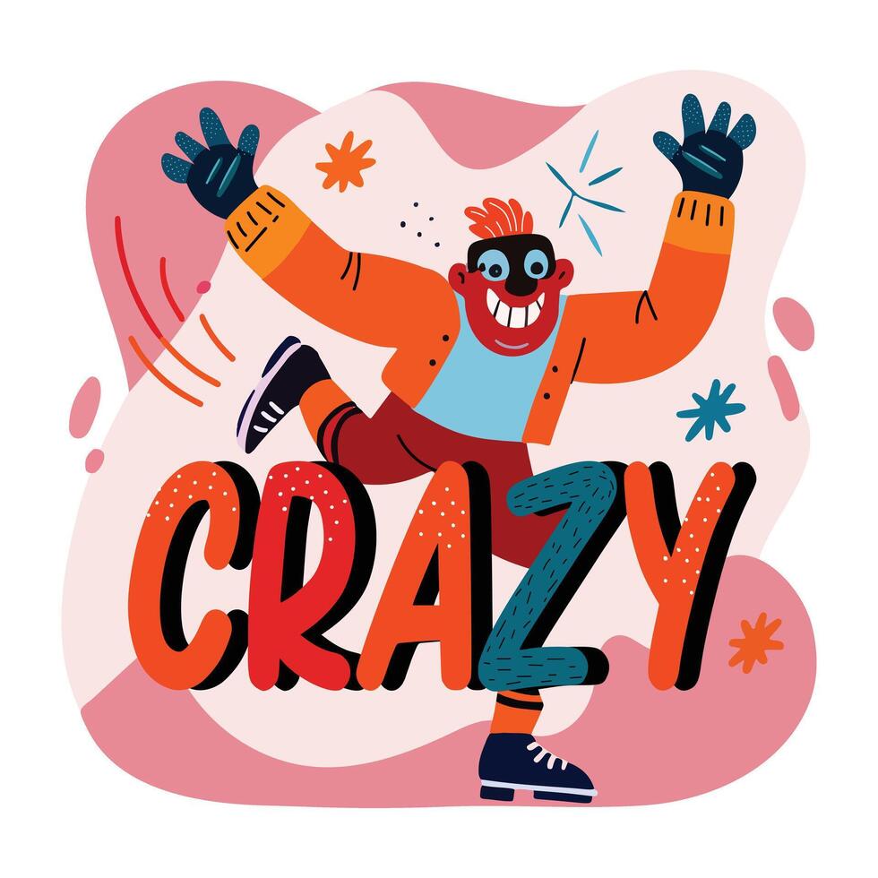 Crazy character dancing, a flat style sticker vector