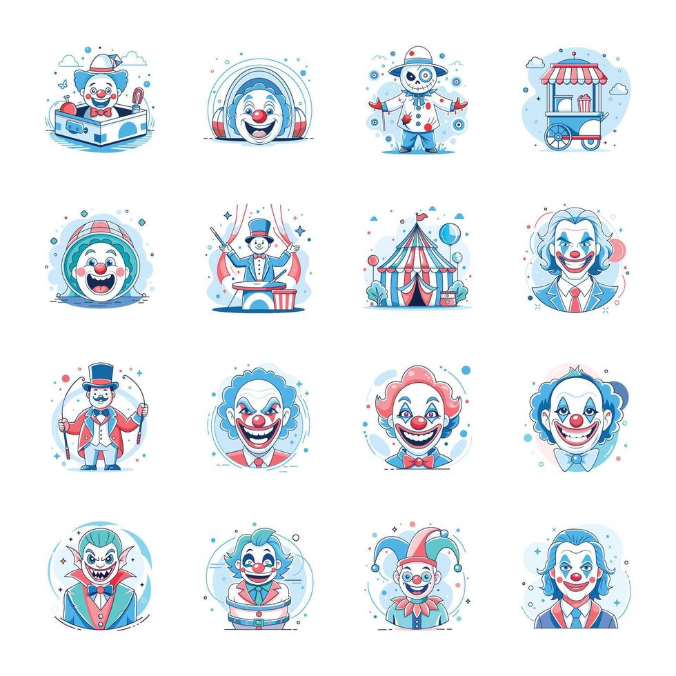 Collection of Funny Clowns Flat Style Illustrations vector