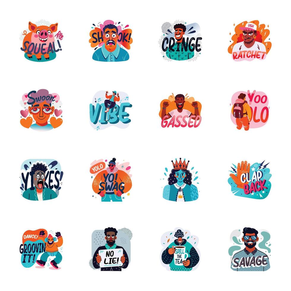 Set of Flat Style Emotion and Expression Stickers vector