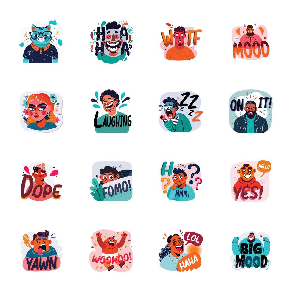 Collection of Emotions and Reactions Flat Style Stickers vector