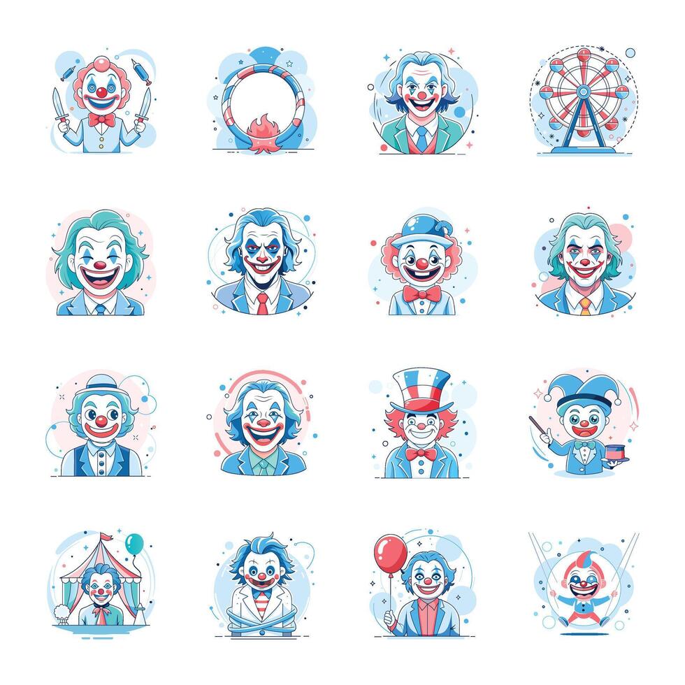 Set of Circus Jokers Flat Style Illustrations vector